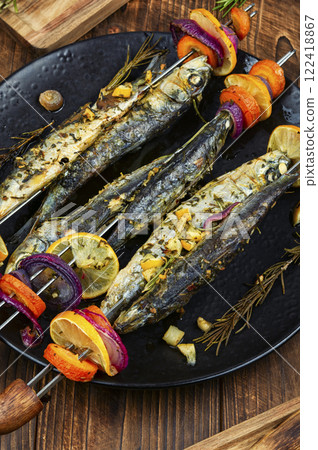 BBQ Fish Skewers. 122418867