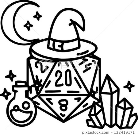 DND Dice Rpg board game character. Fantasy icosahedron wargame. 20-sided tabletop icon, cartoon style on white background 122419171