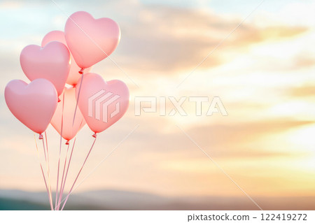 Pink heart-shaped balloons floating against a soft pastel sky, creating a romantic and cheerful atmosphere. 122419272