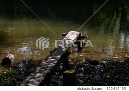 Wooden platform extending into calm water surrounded by trees in a peaceful forest location 122419463