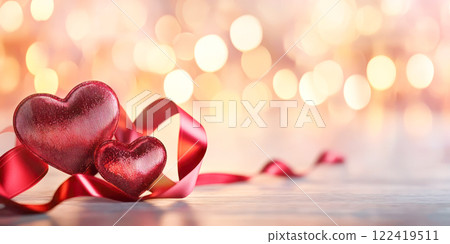 Valentines Day scene with glittery red hearts, red ribbon, and a soft golden bokeh background. 122419511