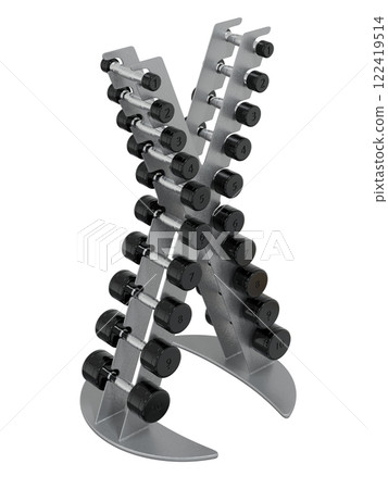 Gym Dumbbell rack in X shape, a stand for weightlifting gym equipment with different size and weight dumbbells. Png clipart isolated on transparent background Gym Dumbbell rack in X shape, a stand for weightlifting gym equipment with different size and weight dumbbells. Png clipart isolated on transparent background 122419514