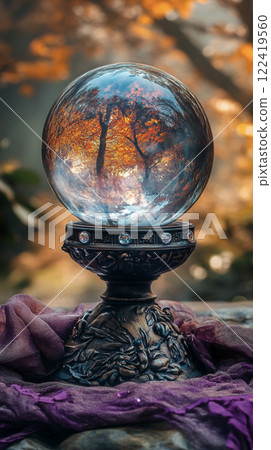 Autumn leaves reflected in a crystal ball AI images Autumn leaves reflected in a crystal ball AI images 122419560