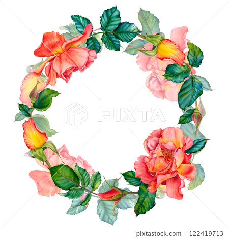 Watercolor floral wreath with red-yellow roses in blossom, green leaves and buds isolated on white background. Hand painted botanical illustration of flowers for invitations, wedding or greeting cards Watercolor floral wreath with red-yellow roses in blossom, green leaves and buds isolated on white background. Hand painted botanical illustration of flowers for invitations, wedding or greeting cards 122419713