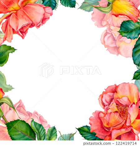 Red rose flowers bouquet with greenery. Vibrant watercolor floral illustration. Botanical, blooming frame on isolated background. Perfect for wedding invitation, stationary, greetings, fashion design. Red rose flowers bouquet with greenery. Vibrant watercolor floral illustration. Botanical, blooming frame on isolated background. Perfect for wedding invitation, stationary, greetings, fashion design. 122419714