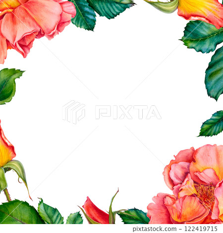 Red rose flowers bouquet with greenery. Vibrant watercolor floral illustration. Botanical, blooming frame on isolated background. Perfect for wedding invitation, stationary, greetings, fashion design. Red rose flowers bouquet with greenery. Vibrant watercolor floral illustration. Botanical, blooming frame on isolated background. Perfect for wedding invitation, stationary, greetings, fashion design. 122419715