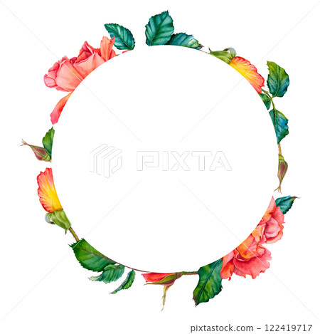 Watercolor floral wreath with red-yellow roses in blossom, green leaves and buds isolated on white background. Hand painted botanical illustration of flowers for invitations, wedding or greeting cards 122419717