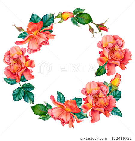 Watercolor floral wreath with red-yellow roses in blossom, green leaves and buds isolated on white background. Hand painted botanical illustration of flowers for invitations, wedding or greeting cards Watercolor floral wreath with red-yellow roses in blossom, green leaves and buds isolated on white background. Hand painted botanical illustration of flowers for invitations, wedding or greeting cards 122419722