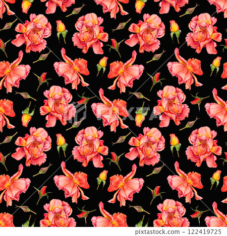 Seamless pattern with red blooming rose flowers and buds on black background. Hand drawn botanical illustration in vibrant colors for Valentine's Day textile, packaging design, invitations, cards. 122419725