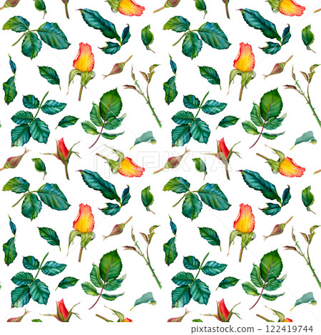 Seamless pattern featuring watercolor illustration of red rose buds and green leaves on white background. Hand drawn illustration for Valentine's Day textile or packaging design, invitations, cards. Seamless pattern featuring watercolor illustration of red rose buds and green leaves on white background. Hand drawn illustration for Valentine's Day textile or packaging design, invitations, cards. 122419744