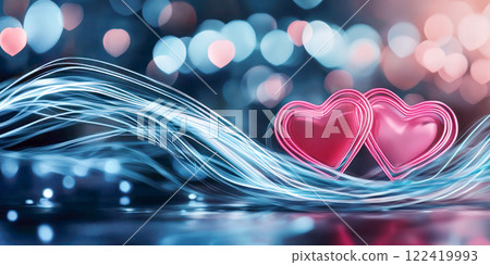 Valentines Day illustration with vibrant pink hearts and flowing abstract waves on a glowing bokeh background. 122419993