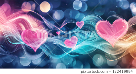 Valentines Day illustration with vibrant pink hearts and flowing abstract waves on a glowing bokeh background. 122419994