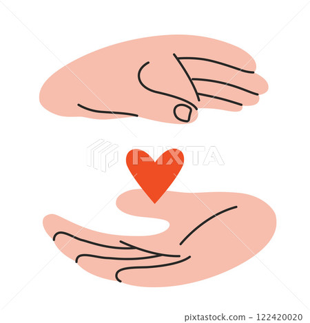 Hands gestures, two palms carefully hold the heart between themselves. Gesturing human arms. Trendy modern vector illustration isolated on white background, hand drawn, flat design Hands gestures, two palms carefully hold the heart between themselves. Gesturing human arms. Trendy modern vector illustration isolated on white background, hand drawn, flat design 122420020