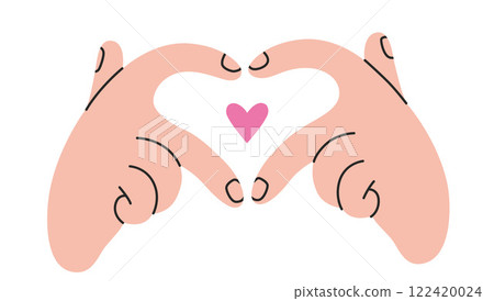 Gestures, two Hands making Heart shape with the index and middle fingers, love sign. Gesturing human arms. Trendy modern vector illustration isolated on white background, hand drawn, flat design 122420024