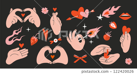 Hands gestures and Romantic objects set. Gesturing human arms making Heart shape, holding fire and a match. Happy Valentines Day concept. Trendy modern vector illustration, hand drawn, flat design 122420026
