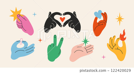 Colorful Hands gestures set. Gesturing human arms making Heart shape, holding fire and star, showing peace sign. Trendy modern vector isolated illustration, hand drawn, flat design 122420029