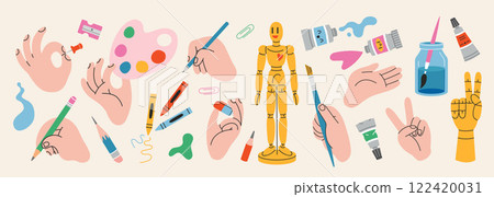 Hands gestures and painting tools set. Human arms holding Art supplies, showing peace and OK sign, drawing with pencil, paintbrush or pen. Trendy modern vector illustration, hand drawn, flat design 122420031