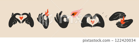 Hands gestures set, black and red colors. Gesturing human arms holding fire and match, making Heart shape. Trendy modern vector illustration isolated on light background, hand drawn, flat design 122420034
