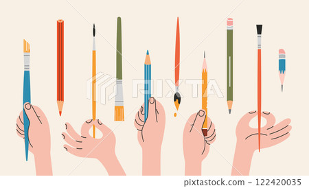 Various hands holding pencils and paintbrushes. Human arms and Gestures with different finger positions. Painting tools and Art supplies. Modern vector isolated illustration, hand drawn, flat design Various hands holding pencils and paintbrushes. Human arms and Gestures with different finger positions. Painting tools and Art supplies. Modern vector isolated illustration, hand drawn, flat design 122420035