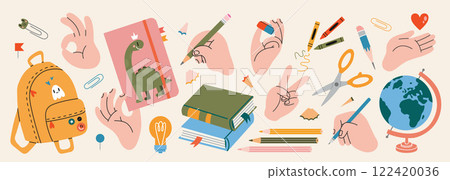 Hands gestures and school stationery set. Human arms holding educational supplies, showing peace and OK sign, writing with pencil or pen. Trendy modern vector illustration, hand drawn, flat design 122420036