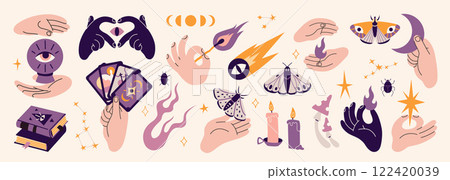 Hands gestures and Mystical Spiritual Astrology elements set. Human arms holding tarot cards, magic crystal ball, flame, moth and star. Esoteric concept. Trendy modern vector illustration, flat 122420039