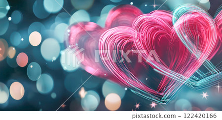 Valentines Day glowing pink hearts with intricate light trails and a dreamy bokeh background. 122420166