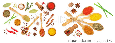 mix of spices in wooden spoon isolated on a white background. Top view. Flat lay. Set or collection mix of spices in wooden spoon isolated on a white background. Top view. Flat lay. Set or collection 122420169