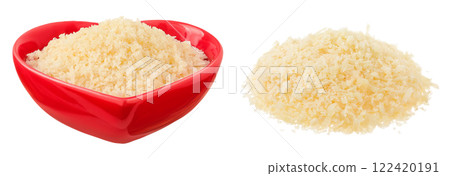 grated parmesan cheese in ceramic bowl isolated on white background 122420191