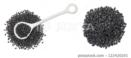 black sesame seeds in ceramic spoon isolated on white background. Top view. Flat lay 122420201