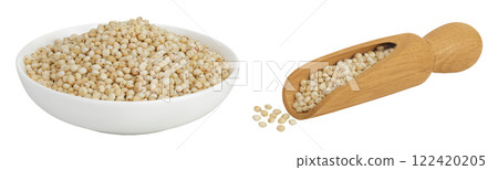 Sorghum seeds in ceramic bowl and wooden scoop isolated on white background with full depth of field. 122420205