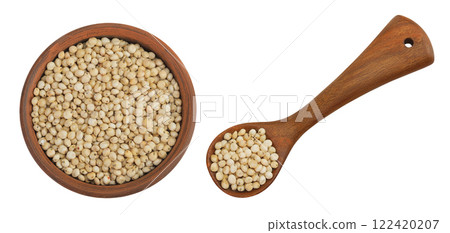 Sorghum seeds in ceramic bowl and wooden spoon isolated on white background. Top view. Flat lay. Sorghum seeds in ceramic bowl and wooden spoon isolated on white background. Top view. Flat lay. 122420207