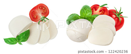 Mozzarella cheese sliced with basil leaf and tomato isolated on white background . Top view. Flat lay 122420236