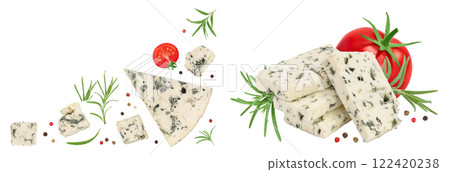 Blue cheese slices with rosemary isolated on white background . Top view with copy space for your text . Flat lay. 122420238