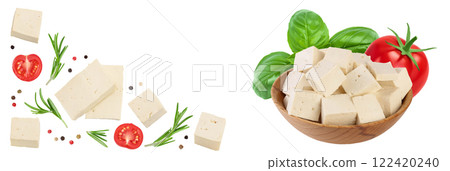 tofu cheese isolated on white background with full depth of field, Top view with copy space for your text. Flat lay tofu cheese isolated on white background with full depth of field, Top view with copy space for your text. Flat lay 122420240