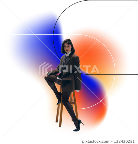 Elegant young woman in brown oversized blazer sitting on chair against white background with colorful gradient elements. Elegant young woman in brown oversized blazer sitting on chair against white background with colorful gradient elements. 122420281