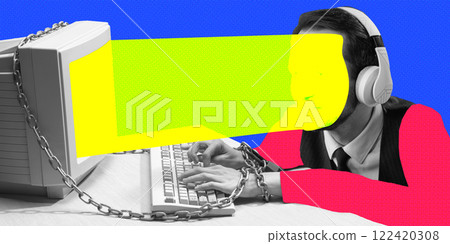 Conceptual artwork. Person with chained hands typing on keyboard, wearing headphones, facing old computer with digital speech bubble for face, symbolizing internet addiction. Conceptual artwork. Person with chained hands typing on keyboard, wearing headphones, facing old computer with digital speech bubble for face, symbolizing internet addiction. 122420308