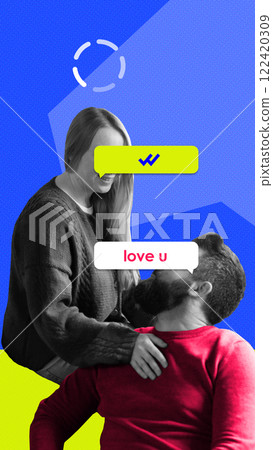 Conceptual artwork. Couple interacting with floating text messages, symbolizing virtual communication replacing emotional connection in modern relationships. Conceptual artwork. Couple interacting with floating text messages, symbolizing virtual communication replacing emotional connection in modern relationships. 122420309