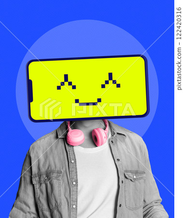 Contemporary art collage. Person with smartphone as head displaying happy emotion, symbolizing digital identity and emotional attachment to technology. Contemporary art collage. Person with smartphone as head displaying happy emotion, symbolizing digital identity and emotional attachment to technology. 122420316