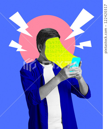 Contemporary art collage. Person using smartphone with digital face, surrounded by lightning symbols, representing information overload or digital dependency. Contemporary art collage. Person using smartphone with digital face, surrounded by lightning symbols, representing information overload or digital dependency. 122420317