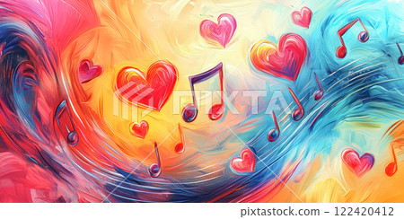 Colorful abstract hearts and musical notes swirling together in vibrant tones, creating a joyful and artistic design. Colorful abstract hearts and musical notes swirling together in vibrant tones, creating a joyful and artistic design. 122420412