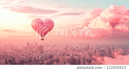 Heart-shaped hot air balloon floating above a city skyline, surrounded by dreamy pink clouds. 122420413