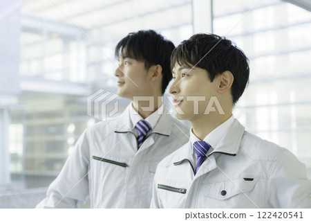 Portrait of two young men standing in work clothes 122420541