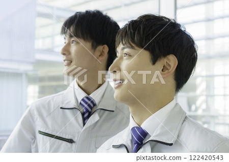 Portrait of two young men standing in work clothes Portrait of two young men standing in work clothes 122420543