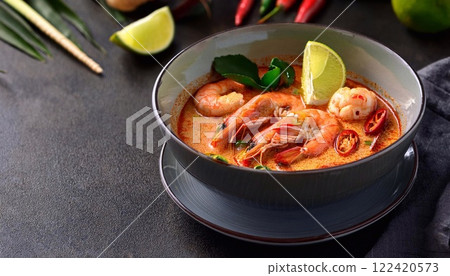 Tom yam is a spicy clear soup typical in Thailand and No. 1 Thai Dish Cuisine. Tom yam is a spicy clear soup typical in Thailand and No. 1 Thai Dish Cuisine. 122420573