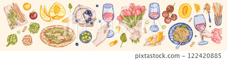 Italian food collection, vector watercolor dinner eatery illustration set, tasty pizza, pasta cheese 122420885