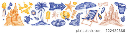 Watercolor summer beach set, vacation ocean coast hand drawn vector sticker, sand castle, umbrella.  122420886