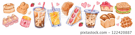 Morning breakfast snack set, colorful pencil food vector illustration, hand drawn wax crayon texture 122420887