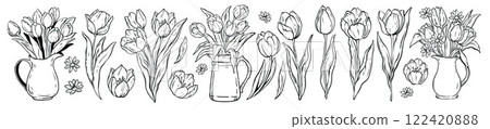 Spring tulip flower vector set, Easter blossom floral doodle, hand drawn nature line illustration.  122420888