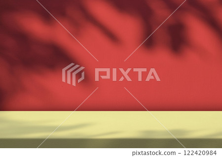 Concrete Table with Leaves Shadow on Red Wall Background 122420984