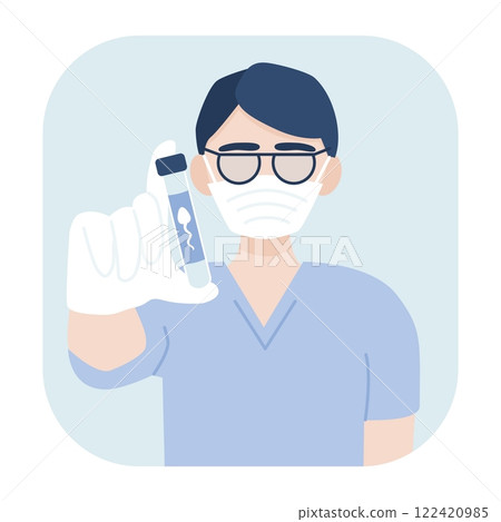 Sperm test analysis. Doctor in a glove holds a container with sperm sample. Vector illustration in flat style.  122420985